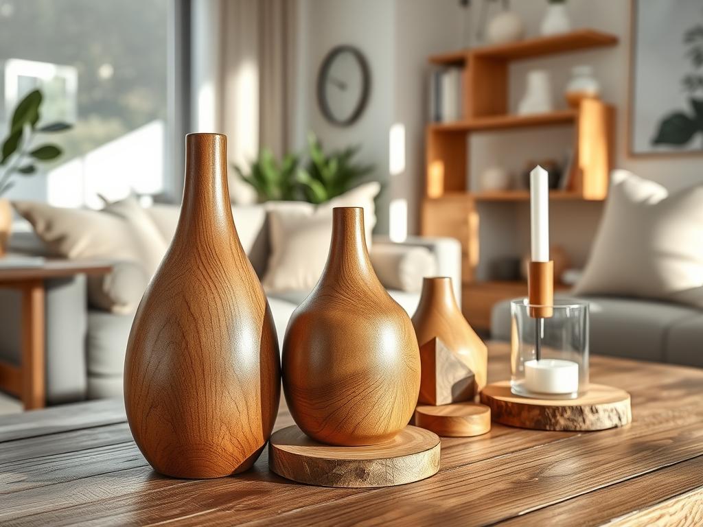 A beautifully arranged Scandinavian-style wooden decor set, featuring handcrafted wooden vases, geometric coasters, and a minimalist candle holder, displayed on a rustic wooden table. In the foreground, delicate wood grains are visible on the vases, which are elegantly shaped and showcase a lustrous finish. The middle ground features a cozy living space with soft, neutral-toned textiles, enhancing the wood's natural warmth. In the background, sunlight filters through a large window, casting soft shadows and highlighting the textures of the wood decor. The mood is inviting and serene, reflecting the simplicity and functionality of Scandinavian design. Captured with a DSLR camera, the scene is shot from a slightly elevated angle, emphasizing the harmonious arrangement while maintaining a photorealistic quality.