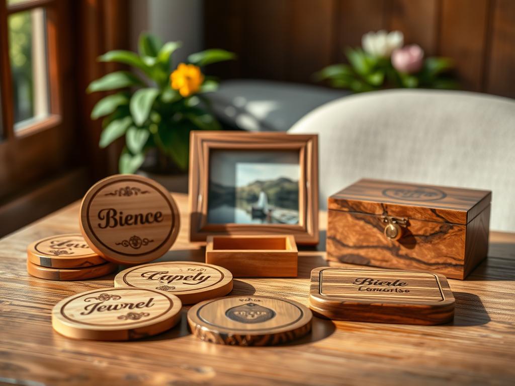 A beautifully arranged collection of personalized wooden gifts displayed on a rustic wooden table. In the foreground, there are intricately engraved wooden coasters featuring names and decorative motifs. Next to them, a handcrafted wooden jewelry box with an elegant design, showcasing a personalized engraving on the lid. In the middle, a charming wooden photo frame displaying a scenic landscape image, symbolizing cherished memories. The background features soft natural lighting coming from a nearby window, casting gentle shadows and highlighting the textures of the wood. A blurred indoor garden creates a serene atmosphere, enhancing the warm, inviting feel. The scene is shot with a DSLR camera to achieve a photorealistic quality, focusing on the craftsmanship and emotional connection of personalized wooden gifts. A beautifully arranged collection of personalized wooden gifts displayed on a rustic wooden table. In the foreground, there are intricately engraved wooden coasters featuring names and decorative motifs. Next to them, a handcrafted wooden jewelry box with an elegant design, showcasing a personalized engraving on the lid. In the middle, a charming wooden photo frame displaying a scenic landscape image, symbolizing cherished memories. The background features soft natural lighting coming from a nearby window, casting gentle shadows and highlighting the textures of the wood. A blurred indoor garden creates a serene atmosphere, enhancing the warm, inviting feel. The scene is shot with a DSLR camera to achieve a photorealistic quality, focusing on the craftsmanship and emotional connection of personalized wooden gifts.