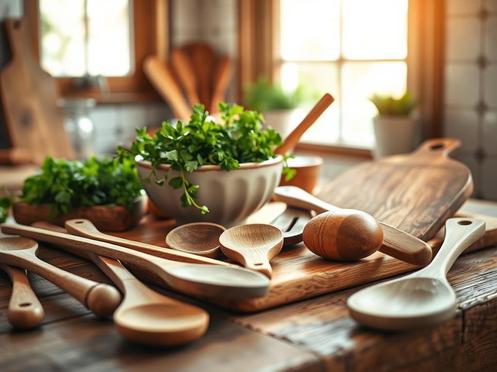 A beautifully arranged collection of wooden kitchen utensils on a rustic wooden countertop. In the foreground, showcase a variety of items like wooden spoons, spatulas, and a chopping board, each with unique grain patterns and textures that highlight their craftsmanship. In the middle ground, include a vintage-style ceramic bowl filled with fresh herbs, adding a pop of color. The background features soft, natural light streaming in through a nearby window, creating warm highlights and gentle shadows that enhance the wood's rich tones. The atmosphere is inviting and homey, evoking a sense of culinary creativity and warmth. The scene is captured with a DSLR camera at a slight angle for depth, focusing on the intricate details of the utensils while softly blurring the background. A beautifully arranged collection of wooden kitchen utensils on a rustic wooden countertop. In the foreground, showcase a variety of items like wooden spoons, spatulas, and a chopping board, each with unique grain patterns and textures that highlight their craftsmanship. In the middle ground, include a vintage-style ceramic bowl filled with fresh herbs, adding a pop of color. The background features soft, natural light streaming in through a nearby window, creating warm highlights and gentle shadows that enhance the wood's rich tones. The atmosphere is inviting and homey, evoking a sense of culinary creativity and warmth. The scene is captured with a DSLR camera at a slight angle for depth, focusing on the intricate details of the utensils while softly blurring the background.