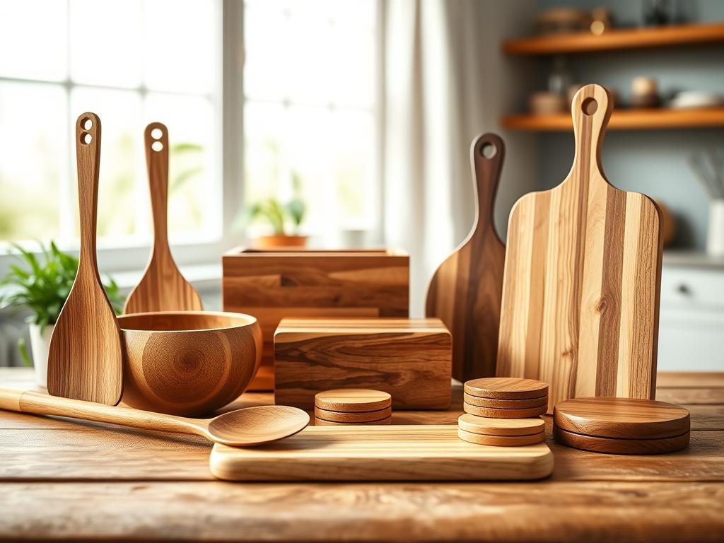 A beautifully arranged comparison of various wooden household helpers on a rustic wooden table. In the foreground, showcase high-quality wooden utensils such as a spatula, cutting board, and a bowl, each with distinct grain patterns highlighting their craftsmanship. In the middle ground, display a stylish wooden storage box and a set of wooden coasters, artfully positioned to emphasize their utility and aesthetics. The background features soft, diffused natural lighting filtering through a large window, creating a warm and inviting atmosphere. Capture the scene with a shallow depth of field to keep the focus on the wooden products while softly blurring the background. The overall mood is cozy and practical, emphasizing the durability and timeless quality of these wooden items.