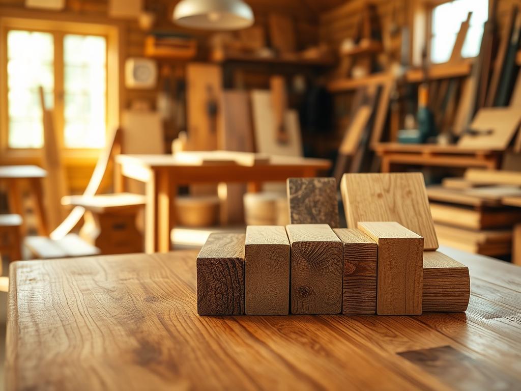 A beautifully arranged display of popular wood types for furniture, such as oak, walnut, cherry, and pine, each with distinctive grains and colors. In the foreground, a polished oak table showcases its rich texture, while a walnut chair complements it nearby. The middle ground features samples of cherry and pine wood, demonstrating their unique features. The background is softly blurred, presenting a cozy, warmly lit wooden workshop with tools and furniture in progress. The scene is illuminated by gentle, natural daylight filtering through a window, creating an inviting atmosphere. Shot with a DSLR camera for a high-resolution magazine look, this image captures the essence of furniture craftsmanship and the beauty of wood varieties. A beautifully arranged display of popular wood types for furniture, such as oak, walnut, cherry, and pine, each with distinctive grains and colors. In the foreground, a polished oak table showcases its rich texture, while a walnut chair complements it nearby. The middle ground features samples of cherry and pine wood, demonstrating their unique features. The background is softly blurred, presenting a cozy, warmly lit wooden workshop with tools and furniture in progress. The scene is illuminated by gentle, natural daylight filtering through a window, creating an inviting atmosphere. Shot with a DSLR camera for a high-resolution magazine look, this image captures the essence of furniture craftsmanship and the beauty of wood varieties.