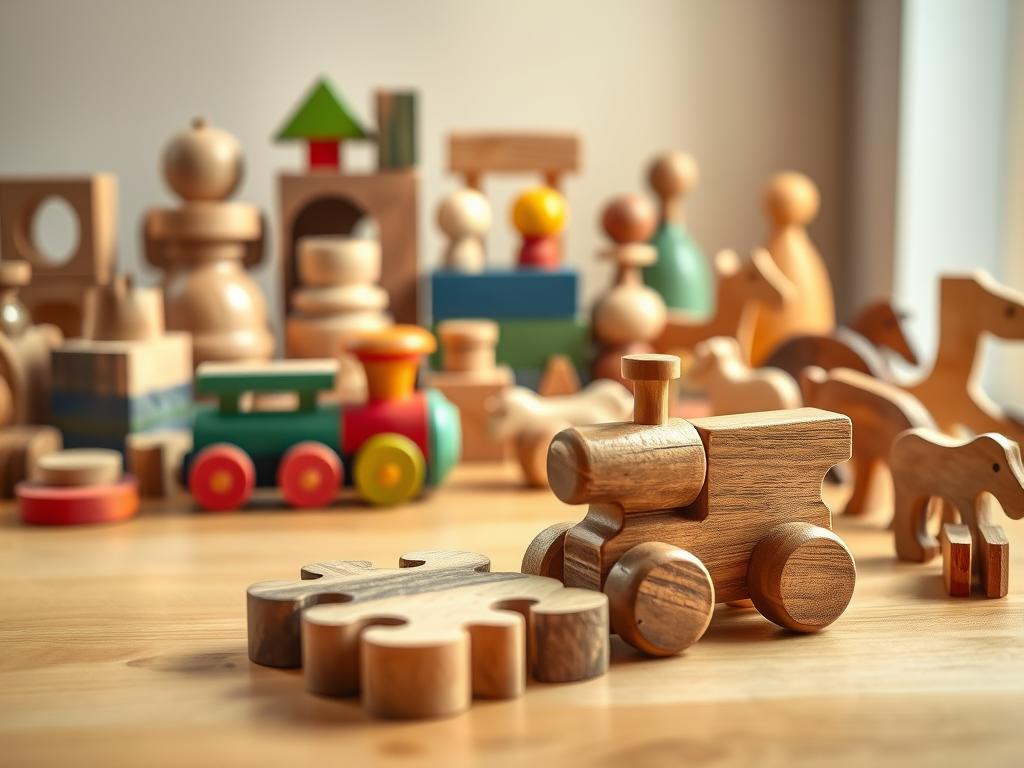 A beautifully arranged display of wooden toys, showcasing a variety of shapes and sizes, including classic building blocks, a colorful toy train, and intricately carved animals. The foreground features a close-up view of a handmade wooden puzzle with vibrant, natural finishes. In the middle, a soft gradient background highlights the toys' textures against a warm, natural wooden table surface, evoking a sense of nostalgia and childhood wonder. The lighting is soft and diffuse, mimicking natural sunlight streaming through a nearby window, illuminating the toys and creating gentle shadows. The atmosphere is inviting and serene, emphasizing the charm of natural, eco-friendly playthings. The image is captured from a slightly elevated angle, akin to a photorealistic DSLR shot intended for a high-quality magazine spread.
