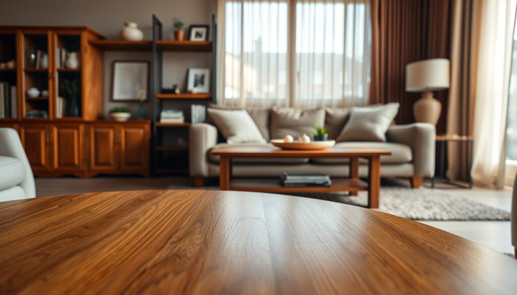 A beautifully arranged living room featuring elegant wooden furniture, highlighting the timeless beauty and craftsmanship of the pieces. In the foreground, focus on a polished oak coffee table with a natural sheen, showcasing its rich texture and grain details. A cozy sofa with soft, neutral cushions sits nearby, inviting relaxation. In the middle ground, a well-kept wooden bookshelf displays a few artistic decor items and books, emphasizing the importance of maintaining wood aesthetics. The background reveals warm, soft lighting filtering through sheer curtains, creating a serene and inviting atmosphere. The image is captured from a slightly elevated angle, evoking a sense of harmony and care that mirrors the essence of wood furniture maintenance. The overall mood is one of warmth and elegance, conveying the importance of regular care for lasting beauty.