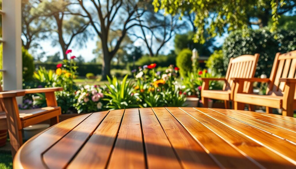A beautifully arranged outdoor setting featuring a collection of wooden garden furniture, showcasing various pieces like chairs, a table, and a bench. The furniture is treated with protective coatings, illustrating their resilience against the elements. In the foreground, focus on a well-maintained wooden table with a glistening surface reflecting soft sunlight, hinting at recent rain. Lush green plants and colorful flowers frame the scene in the middle ground, providing a vibrant backdrop. The background reveals a serene garden with trees and a clear blue sky. Use natural lighting to create a warm, inviting atmosphere, captured with a DSLR camera at a slight angle to enhance depth. The overall mood should feel refreshing and tranquil, emphasizing the importance of proper care for wooden outdoor furniture.