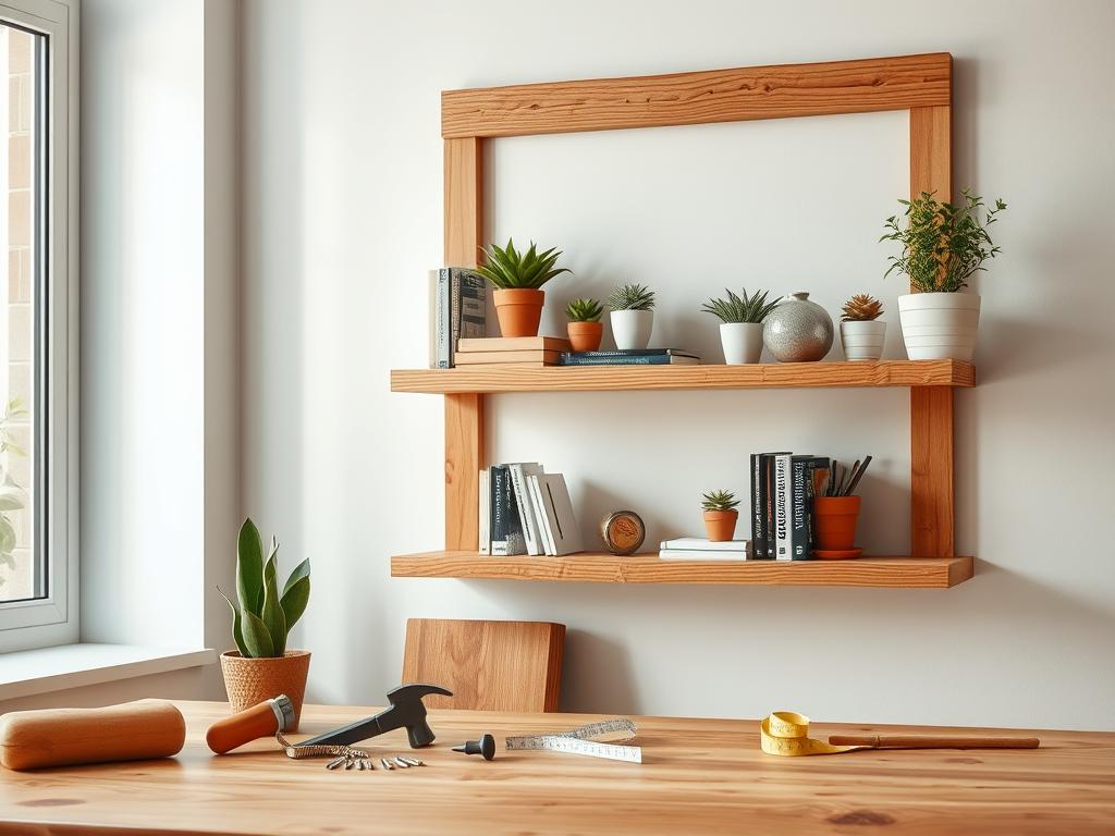 A beautifully crafted DIY wooden shelf made from solid wood, showcasing its natural grains and textures. In the foreground, the shelf is mounted against a light, neutral-colored wall, adorned with potted plants, books, and decorative items that highlight the minimalist style. In the middle ground, tools like a hammer, nails, and a measuring tape are neatly arranged, conveying a sense of craftsmanship. The background features soft, diffused natural lighting coming from a nearby window, enhancing the warmth of the wood. The image captures a photorealistic perspective, shot with a DSLR camera from a slightly elevated angle, creating an inviting and cozy atmosphere that emphasizes the advantages of creating personalized wooden furniture at home.