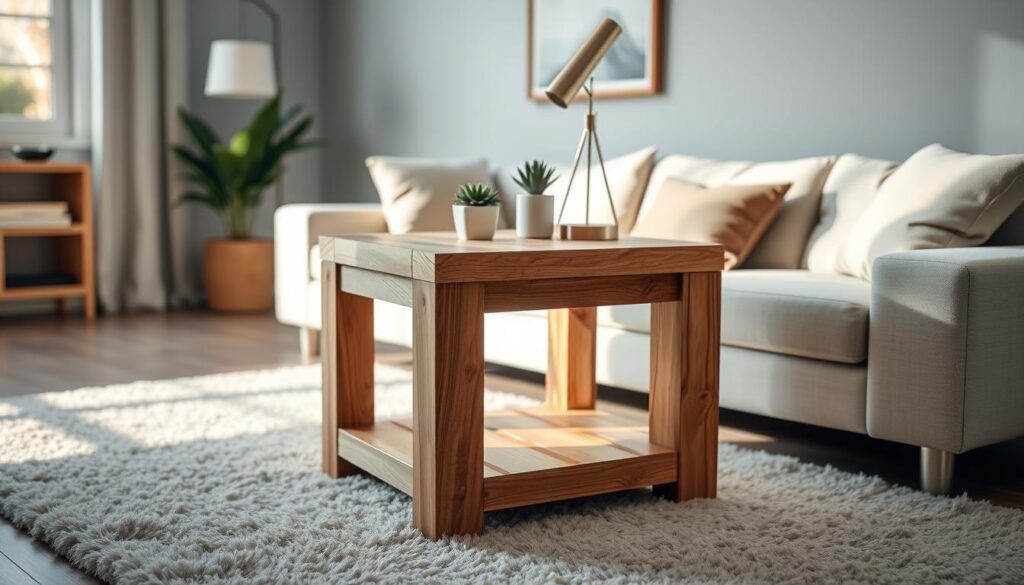 A beautifully crafted DIY wooden side table, showing intricate joinery and a warm, natural wood finish. The table is positioned in a softly lit, cozy living room setting. In the foreground, the side table stands on a plush area rug, with a few stylish decorative items like a small potted plant and a modern lamp on top. In the middle background, a comfortable couch and a tasteful wall art piece create an inviting atmosphere. Soft, diffused sunlight filters through a nearby window, enhancing the natural texture of the wood. The shot is taken from a slightly elevated angle with a DSLR camera, emphasizing the craftsmanship and the modern design aesthetic, conveying a serene and stylish home ambiance.