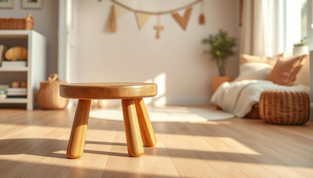 A beautifully crafted children's wooden stool, made from solid wood, showcasing its intricate grain patterns and rich, warm hues. The foreground features the stool prominently placed on a smooth, light-colored wooden floor. In the middle ground, there is a cozy, sunlit room with soft pastel-colored walls and minimalistic decor, enhancing the inviting atmosphere. In the background, a window allows natural light to stream in, casting soft shadows around the stool, highlighting its craftsmanship. The image is captured with a DSLR camera from a slightly elevated angle, focusing on the stool's rounded edges and sturdy legs. The overall mood is warm and friendly, perfect for a child's space, evoking a sense of warmth and creativity without any text or logos. A beautifully crafted children's wooden stool, made from solid wood, showcasing its intricate grain patterns and rich, warm hues. The foreground features the stool prominently placed on a smooth, light-colored wooden floor. In the middle ground, there is a cozy, sunlit room with soft pastel-colored walls and minimalistic decor, enhancing the inviting atmosphere. In the background, a window allows natural light to stream in, casting soft shadows around the stool, highlighting its craftsmanship. The image is captured with a DSLR camera from a slightly elevated angle, focusing on the stool's rounded edges and sturdy legs. The overall mood is warm and friendly, perfect for a child's space, evoking a sense of warmth and creativity without any text or logos.