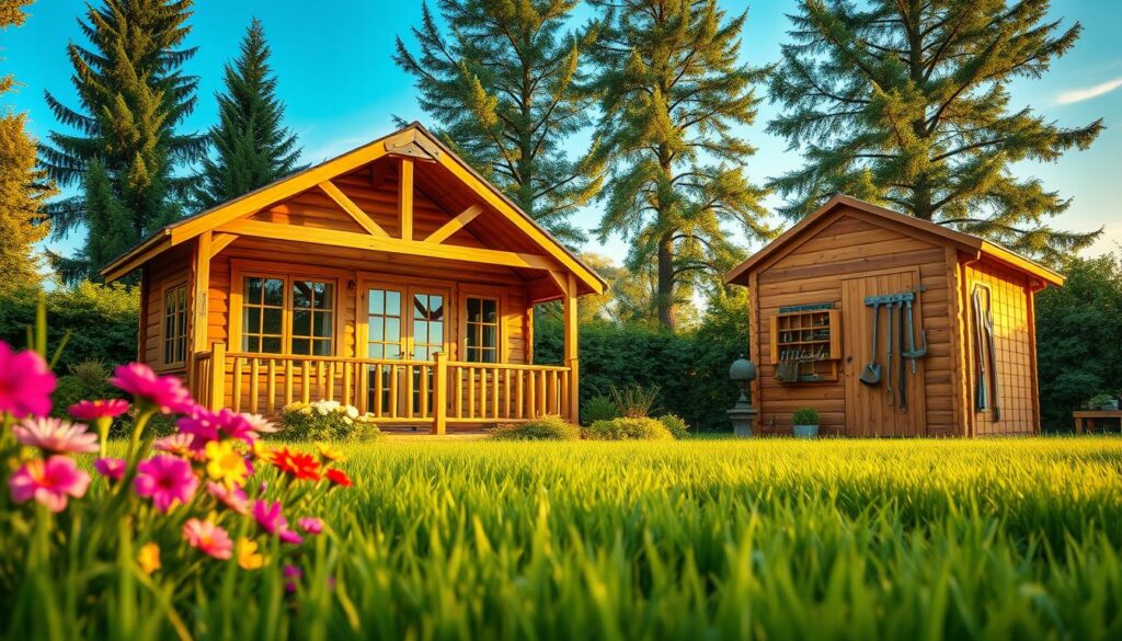 A beautifully crafted wooden garden house and a sturdy wooden tool shed are set in a lush green garden. In the foreground, vibrant flower beds with colorful blooms frame the scene, while soft grass leads the viewer's eye towards the rustic structures. The garden house features large windows, a cozy porch with wooden railings, and a charming gabled roof, exuding a warm and inviting atmosphere. The tool shed, with its practical design and sturdy construction, is adorned with neatly organized gardening tools on one side. The background showcases tall trees and a clear blue sky, bathed in the golden light of a late afternoon, emphasizing the tranquility of a well-planned outdoor space. Captured with a DSLR camera, the perspective highlights the textures of the wood and the vivid colors of nature, creating a photorealistic and serene mood.