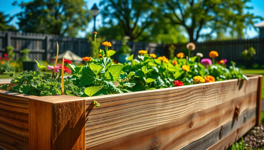 A beautifully crafted wooden raised garden bed, filled with vibrant vegetables and colorful flowers, set against a serene backyard. In the foreground, the detailed texture of the wooden planks is visible, showcasing the craftsmanship of the DIY project. Midground elements include lush green plants thriving in the Hochbeet, with sunlight casting gentle shadows and emphasizing the rich colors of the foliage. In the background, a soft-focus garden scene with flourishing trees and a clear blue sky enhances the tranquil atmosphere. The image captures the essence of gardening as a rewarding and sustainable practice. The composition, shot with a DSLR camera, conveys a warm, inviting mood, with natural lighting highlighting the beauty and functionality of the raised bed.