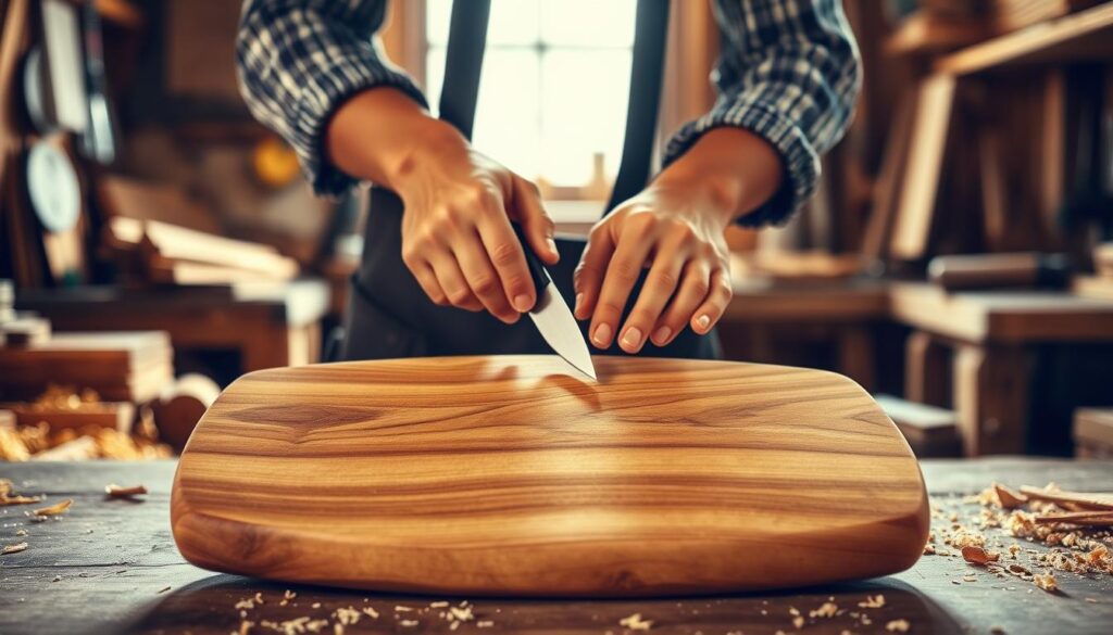 A beautifully crafted wooden serving board is positioned prominently in the foreground, showcasing rich grain patterns and a smooth finish. The board is set against a softly blurred backdrop of a warm, rustic workshop filled with tools and wood shavings, capturing the essence of artisanal craftsmanship. Diffused natural light streams in from a nearby window, creating gentle highlights and shadows that enhance the textures of the wood. A skilled artisan's hands, clad in modest casual attire, are seen in the middle of the image, expertly shaping the board with a carving knife, emphasizing the meticulous process of wooden board creation. The overall mood is warm and inviting, reflecting a blend of creativity and tradition in woodworking.