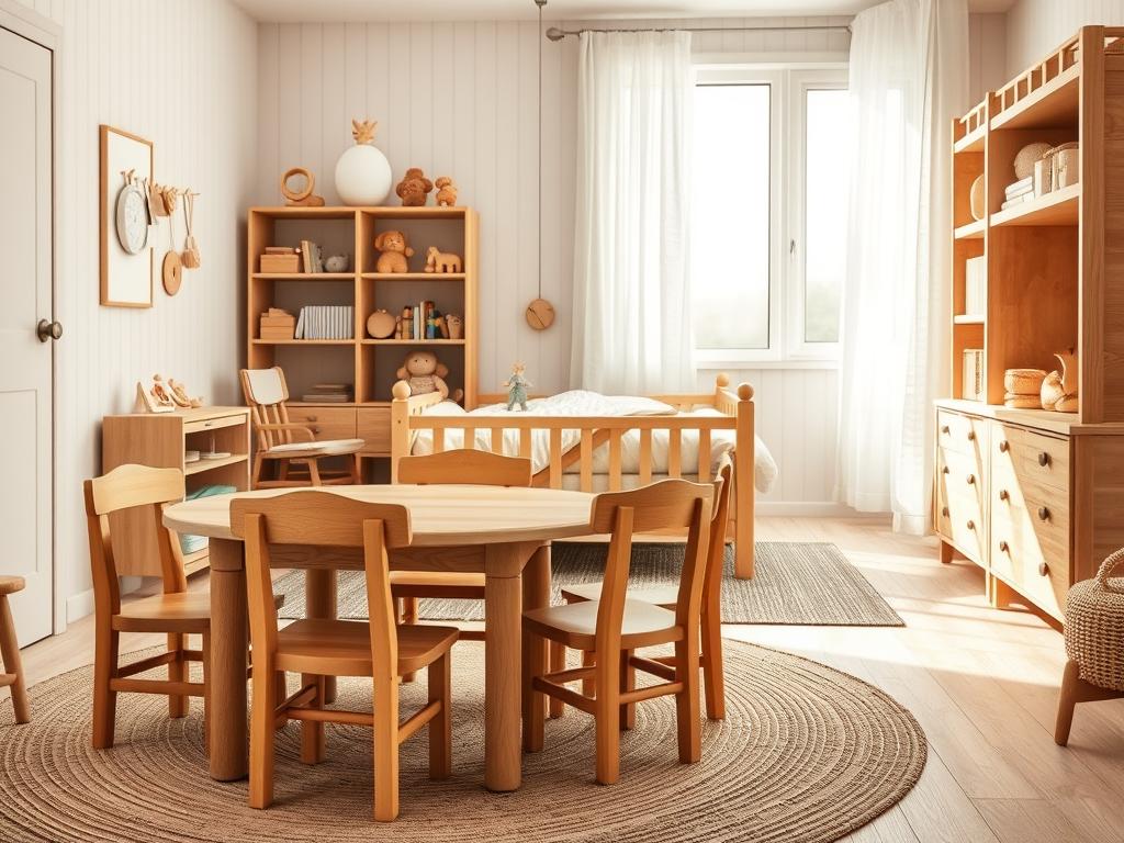 A beautifully curated children's room featuring wooden furniture and decor that exemplifies safety and natural materials. In the foreground, there's a sturdy, well-crafted wooden table surrounded by colorful, child-sized chairs made of smooth, splinter-free wood. The middle ground reveals a cozy bed with a wooden frame, adorned with soft, organic cotton bedding in gentle pastel colors. Shelves filled with wooden toys and books add warmth and charm, while a safe, woven rug lies beneath. In the background, soft, diffused natural light streams through a large window adorned with light, airy curtains, casting gentle shadows across the room. The overall atmosphere is inviting, warm, and joyful, designed to evoke a sense of security and comfort for children. Shot in photorealistic detail, resembling a magazine spread, with a DSLR lens capturing the textures and colors vibrantly.