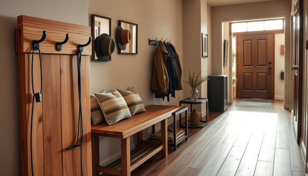 A beautifully designed entryway showcasing a wooden coat rack and storage solution. In the foreground, a handcrafted wooden coat rack with hooks, elegantly displaying stylish jackets and hats. The middle ground includes a bench made of reclaimed wood, adorned with cozy cushions, and a small table holding a decorative plant. The background features a warm, inviting entrance with a neutral-toned wall, framed mirrors, and subtle decorative elements like artwork or a wall clock. Soft, natural light streams in from a nearby window, creating a serene atmosphere. Captured with a DSLR camera from a low angle, emphasizing the textures and details of the wood. The image evokes a cozy, welcoming feel, perfect for a modern hallway.