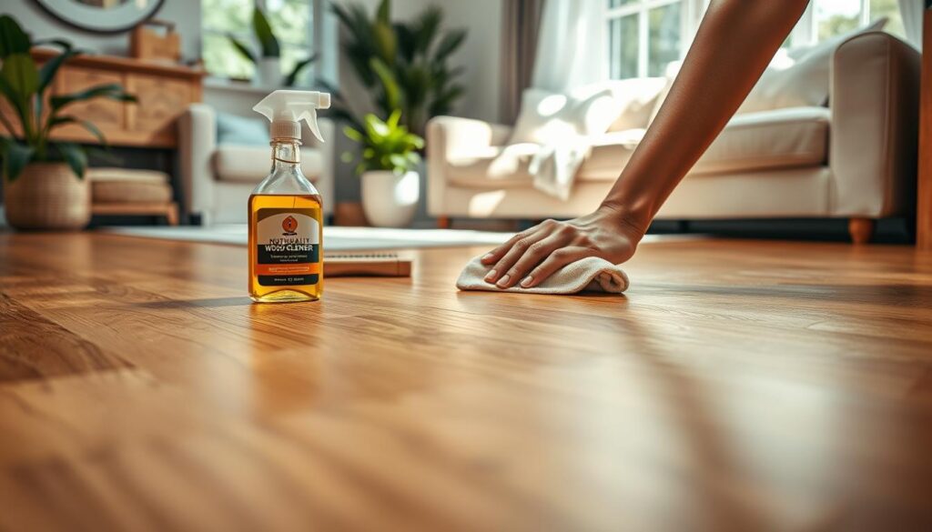 A beautifully maintained wooden floor takes center stage in this image, showcasing the richness of its grain and warm tones. In the foreground, a pair of hands gently applies a natural oil finish to the floor using a soft cloth, highlighting the importance of regular maintenance. The middle ground features a bottle of high-quality wood cleaner and a brush, emphasizing the tools necessary for care. Soft, natural light streams in from a nearby window, casting gentle shadows and illuminating the floor's texture. In the background, a cozy living room setting is visible, with plush furniture and green plants, creating a tranquil atmosphere. The shot is composed with a shallow depth of field using a DSLR camera to draw attention to the wooden floor and the maintenance process, evoking a sense of warmth and care. A beautifully maintained wooden floor takes center stage in this image, showcasing the richness of its grain and warm tones. In the foreground, a pair of hands gently applies a natural oil finish to the floor using a soft cloth, highlighting the importance of regular maintenance. The middle ground features a bottle of high-quality wood cleaner and a brush, emphasizing the tools necessary for care. Soft, natural light streams in from a nearby window, casting gentle shadows and illuminating the floor's texture. In the background, a cozy living room setting is visible, with plush furniture and green plants, creating a tranquil atmosphere. The shot is composed with a shallow depth of field using a DSLR camera to draw attention to the wooden floor and the maintenance process, evoking a sense of warmth and care.