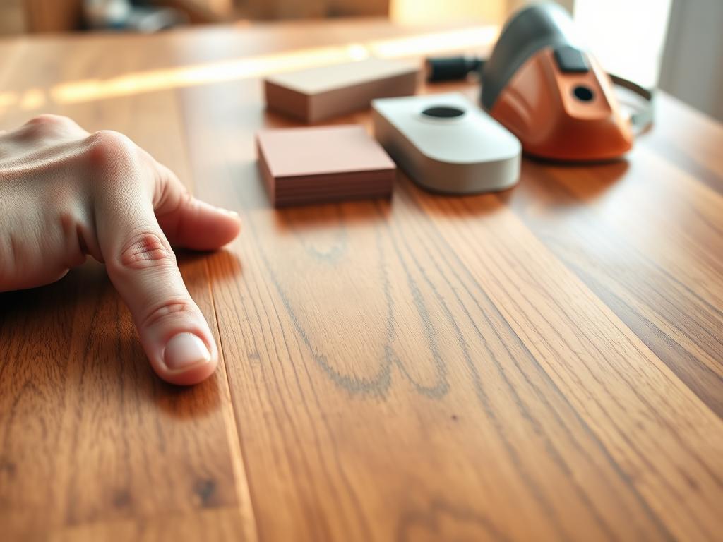 A beautifully polished wooden surface, showcasing various types of wood grain, including oak and walnut, close-up to emphasize texture and detail. In the foreground, a hand gently runs over the semi-gloss finish, highlighting the smoothness achieved through careful sanding. The middle section includes a well-organized array of sanding tools: different grits of sandpaper, a sanding block, and a dust mask, all positioned neatly. The background features soft natural lighting illuminating the wood, creating subtle reflections that enhance the richness of the wood tones. Capture this scene with a DSLR camera in a shallow depth of field, focusing on the wood surface while softly blurring the tools. The overall mood is calm and focused, representing the precision and importance of achieving a perfect wood finish.