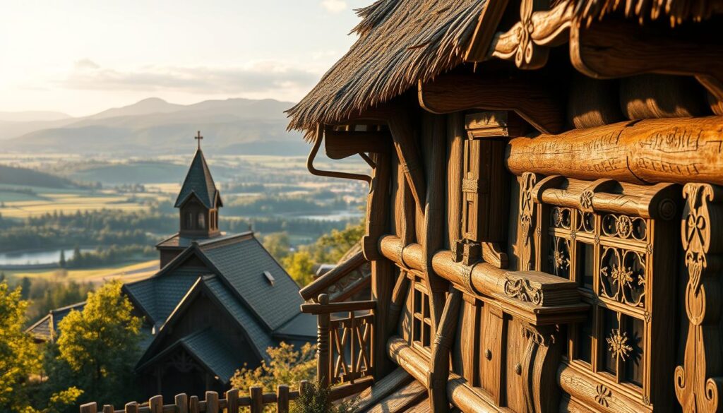 A breathtaking scene showcasing historical wooden structures from around the globe, featuring a beautifully detailed medieval timber-framed house in the foreground, intricately carved beams, and a thatched roof. In the middle ground, a charming Scandinavian-style stave church with ornate decorations, surrounded by lush greenery. The background reveals a panoramic view of a serene landscape with rolling hills and a distant mountain range. The scene is bathed in warm, golden-hour lighting, creating a nostalgic and inviting atmosphere. Captured from a low angle with a DSLR camera, the image emphasizes the craftsmanship and rich history of wooden architecture, evoking a sense of admiration and wonder.
