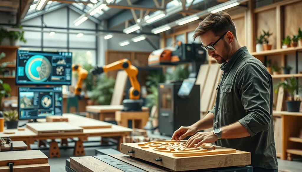 A bright and innovative workshop scene centered around advanced woodworking technology. In the foreground, a skilled craftsman in professional attire operates a CNC machine, displaying precision with intricate wooden designs. In the middle ground, digital screens show real-time data and visualizations of wood processing techniques, alongside robotic arms delicately handling materials. The background features an eco-friendly workspace filled with natural light, highlighting sustainable wood materials and plants. The atmosphere is modern and inspiring, with warm light illuminating the workshop. Capture this scene with a DSLR camera in a slightly elevated angle to provide depth, ensuring the details of both the human skill and digital solutions are clearly visible, reflecting the future of woodworking technologies. A bright and innovative workshop scene centered around advanced woodworking technology. In the foreground, a skilled craftsman in professional attire operates a CNC machine, displaying precision with intricate wooden designs. In the middle ground, digital screens show real-time data and visualizations of wood processing techniques, alongside robotic arms delicately handling materials. The background features an eco-friendly workspace filled with natural light, highlighting sustainable wood materials and plants. The atmosphere is modern and inspiring, with warm light illuminating the workshop. Capture this scene with a DSLR camera in a slightly elevated angle to provide depth, ensuring the details of both the human skill and digital solutions are clearly visible, reflecting the future of woodworking technologies.