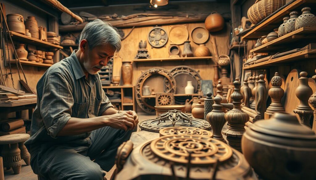 A captivating scene that showcases the rich cultural history of wood, featuring an artisan meticulously carving intricate patterns into a wooden piece in the foreground. The artisan, dressed in modest casual clothing, displays traditional techniques passed down through generations. In the middle ground, display various handcrafted wooden items like furniture, baskets, and sculptures, reflecting both functional and artistic uses of wood throughout history. The background features a rustic workshop with shelves filled with tools and raw materials, illuminated by warm, soft lighting that adds a nostalgic and inviting atmosphere. The image is shot from a low angle with a DSLR camera, emphasizing the textures of the wood and the artistry involved, evoking a sense of respect and admiration for craftsmanship and tradition.