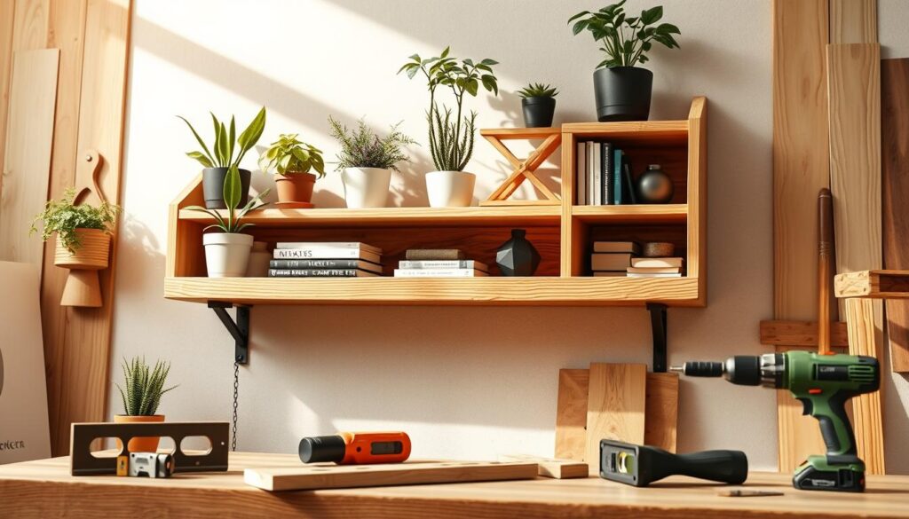 A close-up, photorealistic image of a beautifully crafted wooden wall shelf under natural daylight. The foreground features the shelf showcasing an elegant arrangement of plants, books, and decorative items to highlight its functional beauty. In the middle, the detailed craftsmanship of the wood is visible, showing fine grains and smooth edges, while tools like a level and a drill are subtly placed nearby, indicating an ongoing DIY project. The background is softly blurred to keep the focus on the shelf but hints at a cozy, well-lit workshop filled with wood textures and a feeling of creativity. The atmosphere is warm and inviting, captured from a slightly angled perspective that emphasizes the depth and dimension of the shelf. Shot with a DSLR camera to evoke a magazine-quality image.