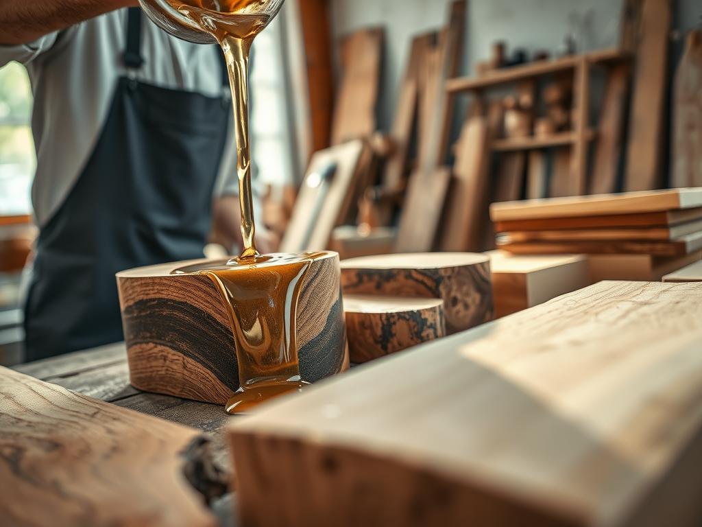A close-up, photorealistic image of epoxidharz being mixed, showcasing its glossy and transparent properties. In the foreground, a skilled artisan in professional attire is pouring the resin into a wooden mold, with glimmers of light reflecting off the mixture. The middle ground features various types of wood prepared for epoxidation, including oak and walnut, highlighting the different textures. In the background, soft natural light filters through a workshop window, casting gentle shadows that evoke a warm, inviting atmosphere. The lens is at a shallow depth of field, focusing on the interaction between the resin and wood, capturing the essence of why epoxidharz is ideal for wood applications.