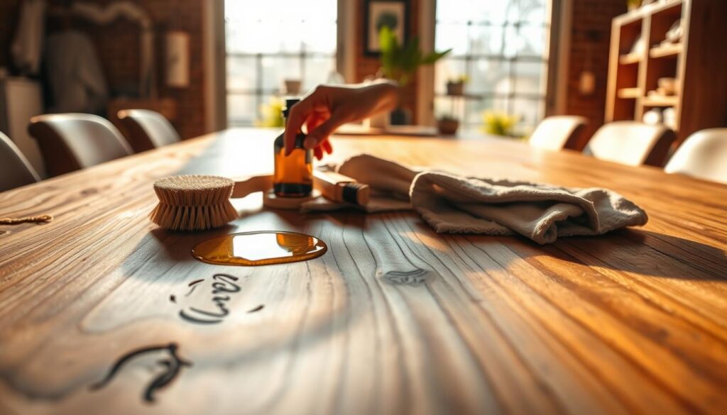 A close-up shot of a beautifully crafted solid wood surface, showing rich textures and natural grains illuminated by soft, warm lighting. In the foreground, a well-maintained wooden table features polished details and a few tools for wood care, such as a natural bristle brush, oil, and a cloth, arranged neatly. In the middle ground, an elegant hand gently applies oil to the surface, depicting the care process. The background is softly blurred, revealing a cozy, inviting workspace with large windows allowing gentle sunlight to stream in, enhancing the warmth of the wood. The mood is serene and focused, showcasing the importance of maintaining solid wood for longevity and beauty. The image is framed as if shot with a DSLR camera, emphasizing the detail and quality. A close-up shot of a beautifully crafted solid wood surface, showing rich textures and natural grains illuminated by soft, warm lighting. In the foreground, a well-maintained wooden table features polished details and a few tools for wood care, such as a natural bristle brush, oil, and a cloth, arranged neatly. In the middle ground, an elegant hand gently applies oil to the surface, depicting the care process. The background is softly blurred, revealing a cozy, inviting workspace with large windows allowing gentle sunlight to stream in, enhancing the warmth of the wood. The mood is serene and focused, showcasing the importance of maintaining solid wood for longevity and beauty. The image is framed as if shot with a DSLR camera, emphasizing the detail and quality.