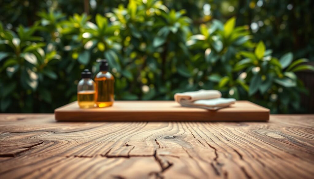A close-up shot of richly textured, open-pore wood, showcasing the intricate grain patterns and natural variations in color. The foreground highlights the depth of the wood's surface, illuminated by soft, warm lighting that enhances its organic beauty. In the middle ground, a minimalist wooden surface displays the wood in its natural state, surrounded by subtle hints of care products like a bottle of oil and a soft cloth, suggesting the maintenance needed to preserve its condition. The background is softly blurred, featuring lush greenery that adds a tranquil, harmonious atmosphere. The image is captured with a DSLR camera, emphasizing photorealistic details and creating a warm, inviting mood perfect for illustrating the care of oiled wood surfaces.