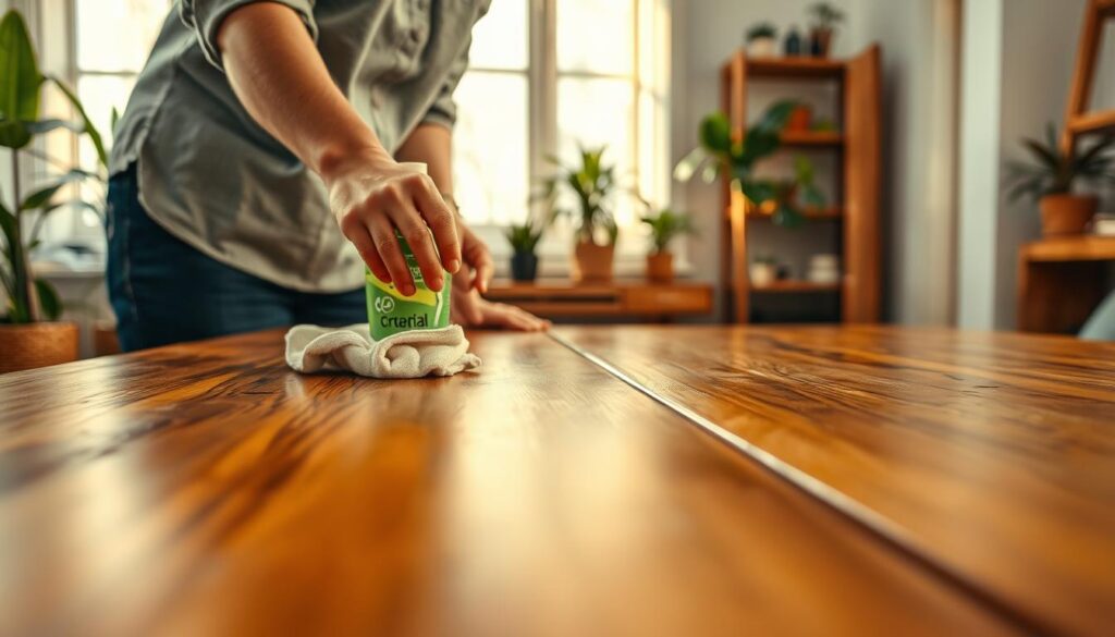 A close-up view of a person gently cleaning a wooden surface using natural cleaning solutions. The individual, wearing professional casual attire, is shown in the foreground, concentrating on their task with a soft cloth in one hand and a bottle of eco-friendly cleaner in the other. The midground features a beautifully polished wooden table, showcasing its rich grain and texture, illuminated by soft, warm light coming from a nearby window. In the background, a cozy, well-organized room with plants and wooden shelves enhances the inviting atmosphere. The composition is captured with a DSLR camera, employing a shallow depth of field to emphasize the wooden surface while keeping a slightly blurred background, creating a serene and professional mood.
