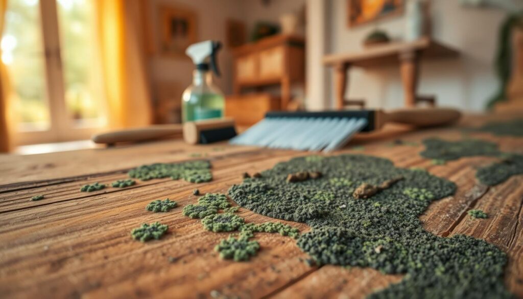 A close-up view of a wooden surface affected by mold, illustrating the texture and discoloration of the wood. In the foreground, highlight patches of greenish-black mold creeping along the grain, with a focus on the contrast between the healthy wood and the moldy areas. In the middle ground, include tools such as a brush and a spray bottle, symbolizing the removal process. The background should feature a softly blurred interior space with warm, natural lighting illuminating the wood, suggesting a home environment. Capture the image from a slightly angled perspective to emphasize depth and detail. The overall mood should convey urgency but also hope, showcasing the importance of addressing mold issues effectively.