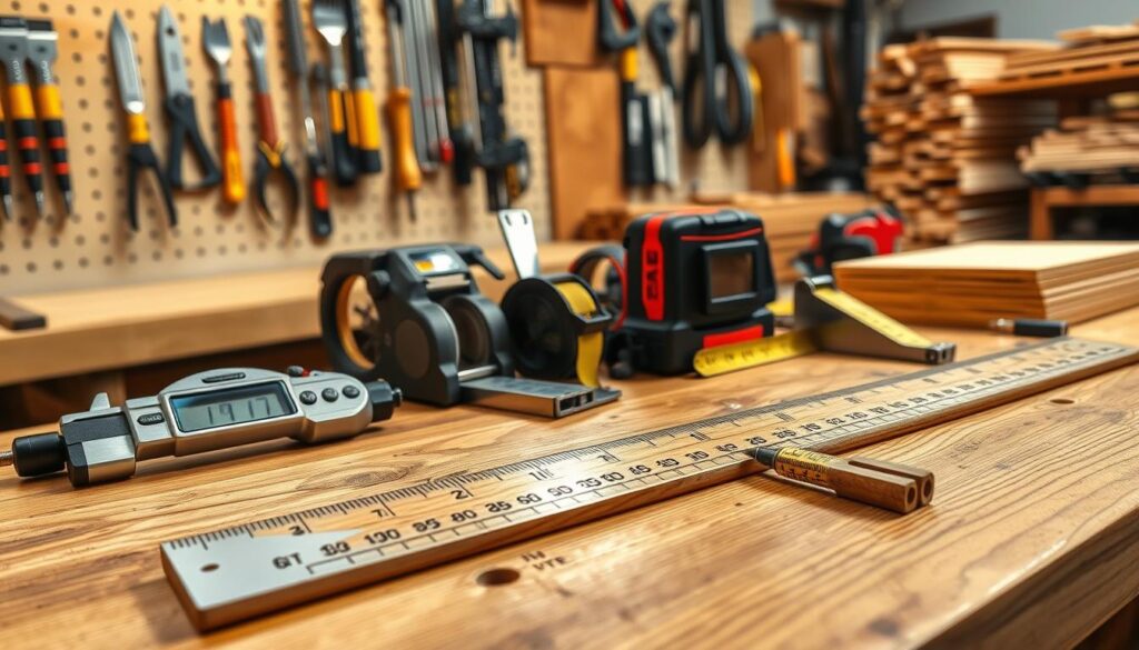 A collection of precision marking and measuring tools for woodworking is meticulously arranged on a wooden workbench. In the foreground, a beautifully crafted wooden ruler, a caliper, and a laser measuring device are prominently displayed, their polished surfaces reflecting soft, diffuse lighting. In the middle ground, a variety of high-quality tape measures and square tools, showcasing their distinct features and markings, add depth and interest. The background features an organized, well-lit workshop with tools hanging on the wall and wooden planks stacked neatly. The overall atmosphere conveys a sense of craftsmanship and precision, emphasizing the importance of accuracy in woodworking. The image should appear photorealistic, as if captured with a DSLR camera, focusing on the intricate details of each tool.