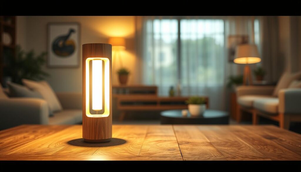 A cozy and inviting scene showcasing a beautifully crafted DIY wooden lamp made from natural wood, featuring a warm LED light source that gently illuminates the surroundings. In the foreground, the lamp stands on a rustic wooden table, highlighting its sleek, modern design with smooth, clean lines. The middle ground reveals a soft glow emanating from the lamp, casting delicate shadows that enhance the texture of the wood. The background features a softly blurred, contemporary living room with neutral tones, creating an atmospheric feel. The image is captured from a low angle to emphasize the height and craftsmanship of the lamp, using warm, natural lighting to evoke a sense of comfort and tranquility, ideal for a home setting.