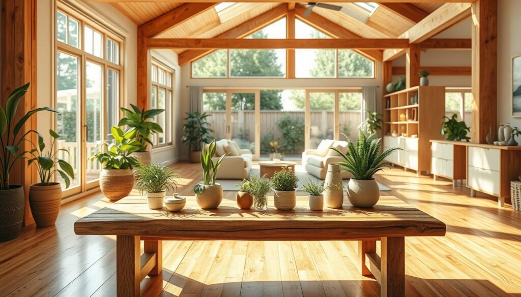 A cozy, inviting living space showcasing a healthy indoor climate with natural wood elements, featuring warm sunlight streaming through large windows, casting soft shadows on polished wooden floors. In the foreground, a beautifully crafted wooden table adorned with lush green plants and eco-friendly decor items creates an organic feel. The middle ground reveals a spacious room with wooden beams accentuating the ceiling and light wood furniture harmoniously integrated into the design. The background offers a glimpse of a serene outside garden, enhancing the atmosphere of tranquility and connection to nature. The scene is captured with a DSLR camera, emphasizing rich textures and warm lighting, evoking a sense of comfort and well-being in the space, all while maintaining a photorealistic quality. A cozy, inviting living space showcasing a healthy indoor climate with natural wood elements, featuring warm sunlight streaming through large windows, casting soft shadows on polished wooden floors. In the foreground, a beautifully crafted wooden table adorned with lush green plants and eco-friendly decor items creates an organic feel. The middle ground reveals a spacious room with wooden beams accentuating the ceiling and light wood furniture harmoniously integrated into the design. The background offers a glimpse of a serene outside garden, enhancing the atmosphere of tranquility and connection to nature. The scene is captured with a DSLR camera, emphasizing rich textures and warm lighting, evoking a sense of comfort and well-being in the space, all while maintaining a photorealistic quality.
