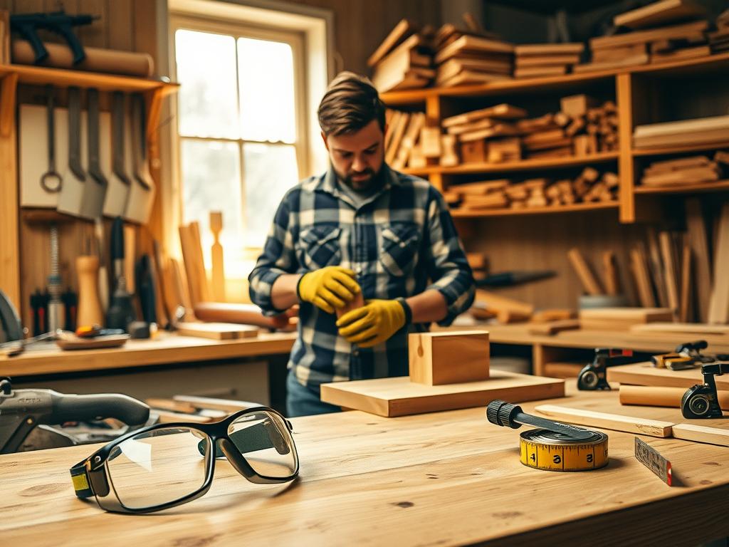 A cozy woodworking workshop scene featuring an organized workbench cluttered with essential tools for beginners, such as a saw, chisels, and a measuring tape. In the foreground, a pair of safety goggles rests atop a wooden plank. In the middle, a skilled craftsman wearing a plaid shirt and sturdy work gloves is carefully sanding a wooden project, focused and engaged. Various pieces of wood and raw materials are neatly arranged on the shelves in the background, illuminated by warm, natural light streaming through a nearby window, creating an inviting atmosphere. The photograph is styled to emulate a high-quality magazine spread, captured with a DSLR camera from a slightly angled perspective to showcase depth and detail.