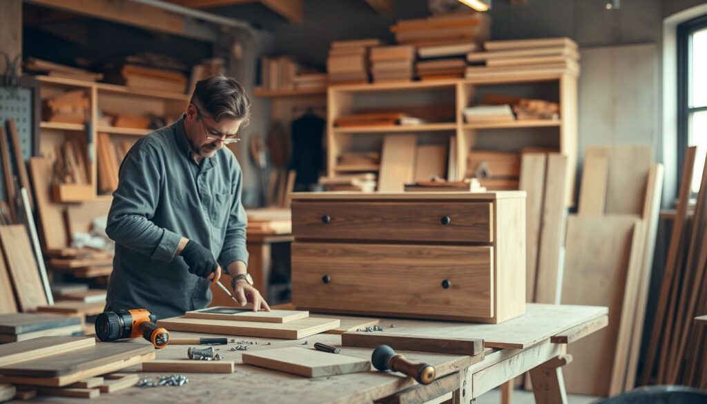A cozy workshop scene featuring a skilled artisan in modest casual clothing, focused on building a wooden chest of drawers. The foreground showcases the artisan using tools like a saw and drill on a wooden workbench, with wooden panels and screws neatly arranged. In the middle, the partially assembled chest of drawers stands out, exhibiting rich wood grains and a modern design. The background includes soft shelves lined with tools and wood materials, with warm, ambient lighting illuminating the workspace. A DSLR camera captures the scene at a slightly elevated angle, adding depth and perspective, creating an inviting, industrious atmosphere that highlights craftsmanship and creativity in furniture making.