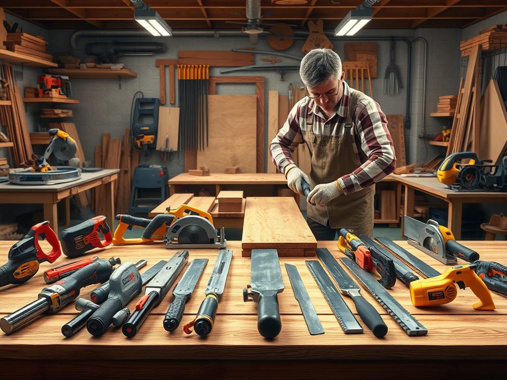 A detailed and informative illustration of various sawing techniques displayed in an organized manner. In the foreground, showcase a wooden workbench with an array of saws—hand saws, circular saws, and band saws—arranged neatly. In the middle ground, depict a carpenter demonstrating proper cutting methods, dressed in professional attire, using a hand saw to make an accurate cut on a wooden plank. The background should be a well-lit workshop filled with tools and woodwork materials, creating an inviting and practical atmosphere. The lighting should be bright yet soft, emphasizing the precision of the techniques. Capture the scene from a slightly elevated angle, as if looking over the carpenter's shoulder, to provide depth and context, in a photorealistic style suitable for a magazine article. A detailed and informative illustration of various sawing techniques displayed in an organized manner. In the foreground, showcase a wooden workbench with an array of saws—hand saws, circular saws, and band saws—arranged neatly. In the middle ground, depict a carpenter demonstrating proper cutting methods, dressed in professional attire, using a hand saw to make an accurate cut on a wooden plank. The background should be a well-lit workshop filled with tools and woodwork materials, creating an inviting and practical atmosphere. The lighting should be bright yet soft, emphasizing the precision of the techniques. Capture the scene from a slightly elevated angle, as if looking over the carpenter's shoulder, to provide depth and context, in a photorealistic style suitable for a magazine article.