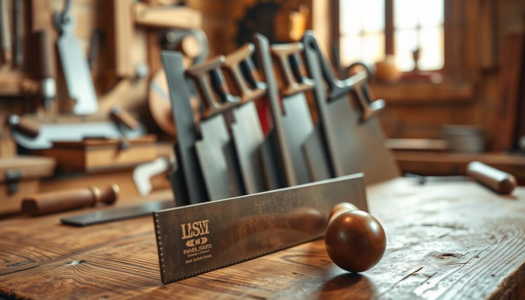 A detailed and photorealistic image showcasing a variety of hand saws arranged on a wooden workshop table, highlighting different types such as panel saws, coping saws, and hacksaws. In the foreground, a sharp, traditional panel saw is positioned prominently, with its finely crafted handle visible. The middle ground features a selection of various hand saws leaning against a rustic workbench, showcasing their distinct shapes and blade types. The background includes blurred woodworking tools and a warm, softly lit workshop ambiance, evoking a sense of craftsmanship and precision. The lighting is warm and inviting, simulating natural light filtering through a window, enhancing the textures of the wooden table and the metallic blades. The angle captures the depth of the scene, focusing on the collection of saws while creating a professional magazine-quality aesthetic. A detailed and photorealistic image showcasing a variety of hand saws arranged on a wooden workshop table, highlighting different types such as panel saws, coping saws, and hacksaws. In the foreground, a sharp, traditional panel saw is positioned prominently, with its finely crafted handle visible. The middle ground features a selection of various hand saws leaning against a rustic workbench, showcasing their distinct shapes and blade types. The background includes blurred woodworking tools and a warm, softly lit workshop ambiance, evoking a sense of craftsmanship and precision. The lighting is warm and inviting, simulating natural light filtering through a window, enhancing the textures of the wooden table and the metallic blades. The angle captures the depth of the scene, focusing on the collection of saws while creating a professional magazine-quality aesthetic.