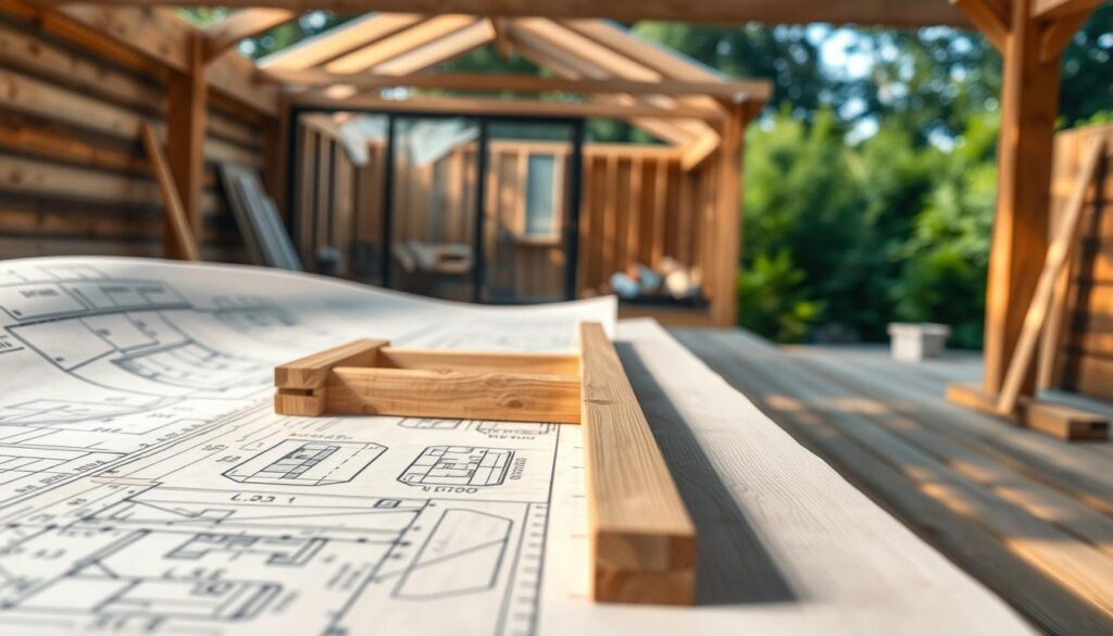 A detailed architectural plan of a wooden extension, showcasing the construction process. In the foreground, a large drafting table with blueprints spread out, featuring intricate designs and structural calculations. A soft, natural light illuminates the scene, highlighting the textural qualities of wood, showcasing beams and joints in the middle. Behind, an outdoor setting with a partially constructed wooden extension, surrounded by lush greenery, symbolizing sustainability and connection to nature. A slight depth of field draws focus to the details on the table, while the background remains slightly blurred but detailed enough to convey the construction environment. The image evokes a mood of creativity and professionalism, captured with a DSLR camera for a magazine-quality result.