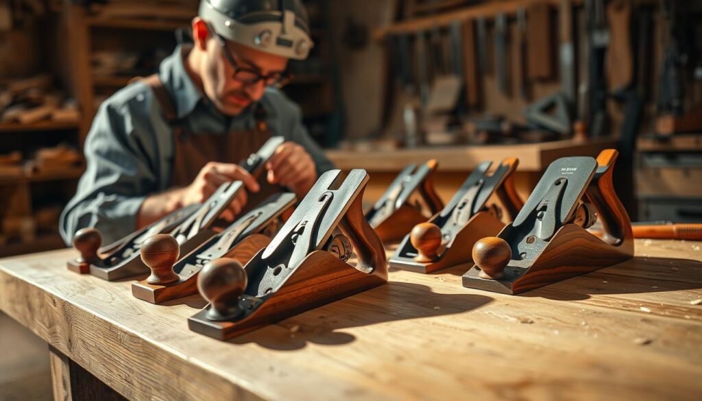 A detailed arrangement of woodworking planers (Hobelarten) prominently displayed on a clean wooden workbench, showcasing various types including a block plane, jack plane, and smoothing plane. In the foreground, a craftsman in professional work attire meticulously adjusts the blade of a plane, with a focused expression. The middle ground highlights the tools with their gleaming metal blades and smooth wooden bodies, cast in warm, natural light that creates soft shadows, giving a sense of depth. The background consists of a softly blurred workshop filled with wooden shavings and additional tools, enhancing the atmosphere of craftsmanship. The scene is captured from a slightly elevated angle to emphasize the intricate details of the tools and the craftsman’s careful work, evoking a mood of precision and dedication in the art of woodworking.