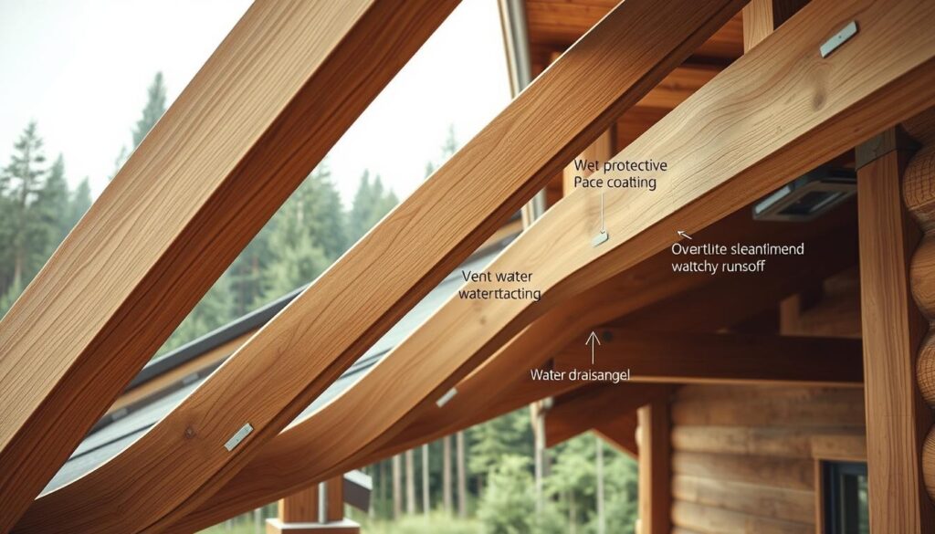 A detailed close-up image illustrating "Konstruktiver Holzschutz" featuring various wood protection techniques. In the foreground, showcase wooden beams with visible protective coatings and ventilation systems, demonstrating water drainage mechanisms. The middle ground should display a series of well-designed architectural elements, like overhanging eaves and sloped roofs, allowing for effective water runoff. In the background, a serene forest landscape can provide a natural context, emphasizing the importance of wood protection in outdoor settings. Use soft, diffused lighting to highlight textures of the wood and architectural details, while maintaining a professional atmosphere. The composition should be shot from a slightly elevated angle to capture depth, reminiscent of a magazine-quality photorealistic image.