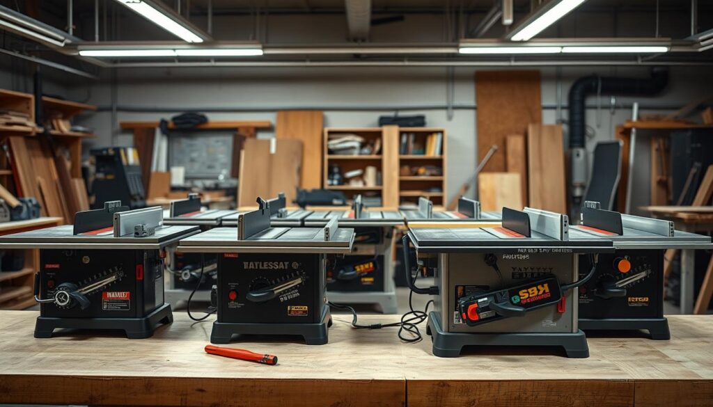 A detailed comparison of table saws in a professional workshop setting. In the foreground, multiple table saws of different models and sizes are neatly arranged on a workbench, showcasing varying blade designs and features. The middle ground includes well-organized tools and safety equipment, emphasizing functionality and safety features like blade guards and push sticks. In the background, a workshop with well-lit overhead lights and hints of unfinished wood projects creates a productive atmosphere. The lighting is bright yet soft to highlight the saws' details, captured with a DSLR camera from a slightly elevated angle to provide depth and perspective. The overall mood is focused and informative, ideal for illustrating the selection, functionality, and safety considerations in choosing a table saw.