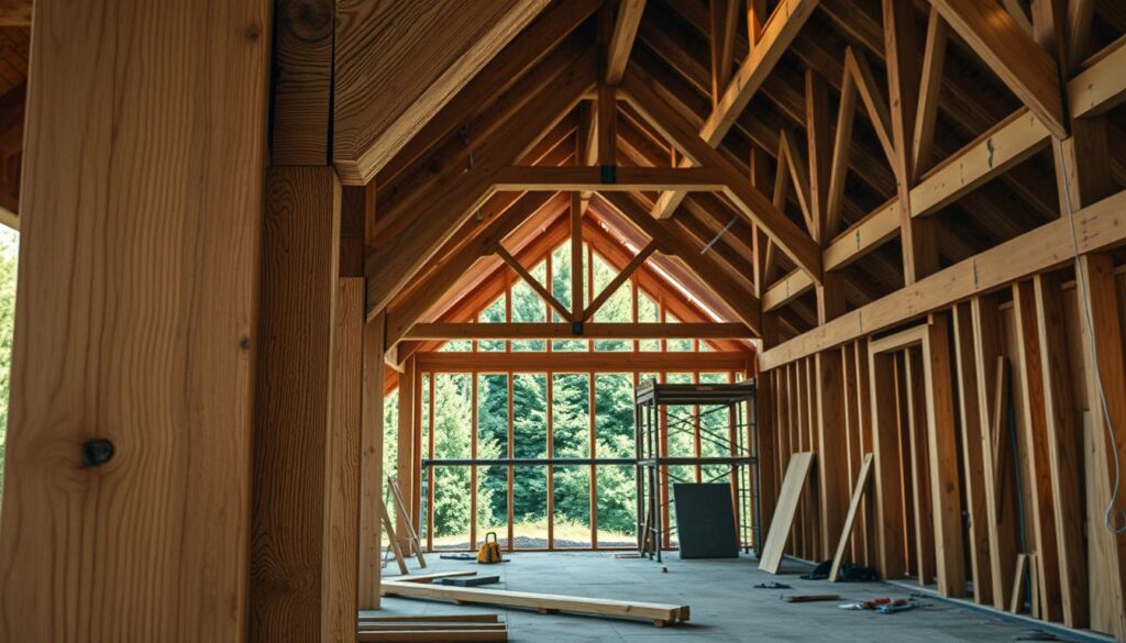 A detailed photorealistic depiction of a wooden construction structure, showcasing the intricate joinery and craftsmanship of timber framing. In the foreground, focus on a section of exposed beams and connecting joints, highlighting the textures of the wood and the precision of the craftsmanship. The middle ground should feature a partially built wooden structure, with scaffolding in place and tools scattered around, symbolizing the construction process. In the background, a natural setting with lush greenery under soft, warm lighting creates an inviting atmosphere. The image should be captured from a slightly elevated angle using a DSLR camera, ensuring clarity and depth, emphasizing the robustness and elegance of wood as a construction material. The overall mood is one of professionalism and artistry, inviting viewers to appreciate the fundamentals of wooden construction. A detailed photorealistic depiction of a wooden construction structure, showcasing the intricate joinery and craftsmanship of timber framing. In the foreground, focus on a section of exposed beams and connecting joints, highlighting the textures of the wood and the precision of the craftsmanship. The middle ground should feature a partially built wooden structure, with scaffolding in place and tools scattered around, symbolizing the construction process. In the background, a natural setting with lush greenery under soft, warm lighting creates an inviting atmosphere. The image should be captured from a slightly elevated angle using a DSLR camera, ensuring clarity and depth, emphasizing the robustness and elegance of wood as a construction material. The overall mood is one of professionalism and artistry, inviting viewers to appreciate the fundamentals of wooden construction.