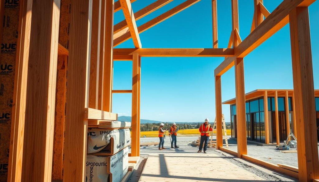 A detailed, photorealistic illustration of timber frame construction, showcasing a cross-section of a wall assembly. In the foreground, the intricacies of wooden beams and insulation materials are visible, emphasizing the layered structure of the wall. The middle ground features a partial building site with workers dressed in professional attire, engaged in assembling the framework, highlighting teamwork and craftsmanship. In the background, a clear blue sky and just a hint of a modern landscape contribute to an uplifting atmosphere. The scene is illuminated with natural daylight, enhancing the wood's textures and colors, captured with a DSLR camera to convey crisp detail and depth. Overall, the image should evoke a sense of innovation and the benefits of timber frame construction in contemporary architecture. A detailed, photorealistic illustration of timber frame construction, showcasing a cross-section of a wall assembly. In the foreground, the intricacies of wooden beams and insulation materials are visible, emphasizing the layered structure of the wall. The middle ground features a partial building site with workers dressed in professional attire, engaged in assembling the framework, highlighting teamwork and craftsmanship. In the background, a clear blue sky and just a hint of a modern landscape contribute to an uplifting atmosphere. The scene is illuminated with natural daylight, enhancing the wood's textures and colors, captured with a DSLR camera to convey crisp detail and depth. Overall, the image should evoke a sense of innovation and the benefits of timber frame construction in contemporary architecture.