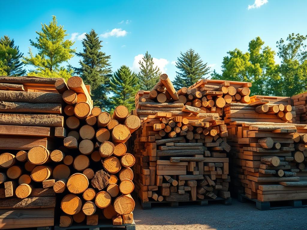 A detailed, photorealistic image of lumber being stored properly outdoors, showcasing stacks of freshly cut wood logs neatly arranged on wooden pallets in an organized manner. The foreground features well-maintained wood piles with varying sizes and dimensions, exhibiting a mix of tree species. In the middle, a shadow play emphasizes the texture of wood grains. The background captures a serene natural environment with green trees and a blue sky, suggesting fresh air and proper ventilation. Soft, natural lighting enhances the scene, simulating a warm afternoon sun that highlights the importance of moisture control and drying conditions. The image conveys a sense of professionalism and care in wood storage practices, suitable for an educational article about optimal wood preservation.