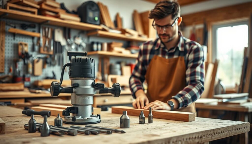 A detailed photorealistic image showcasing a person using a plunge router in a workshop setting. In the foreground, focus on a professional wearing safety goggles and a work apron, demonstrating the router's operation on a piece of wood. The router should be clearly visible, with a variety of bits arranged neatly nearby, highlighting the different types of cutters used. In the middle ground, a cluttered workbench filled with woodworking tools and materials adds context. The background should include shelves lined with organized tools and a window letting in soft, natural light, creating a warm and inviting atmosphere. The image should be captured with a DSLR camera to emphasize clarity and detail, conveying a sense of craftsmanship and expertise in woodworking techniques.