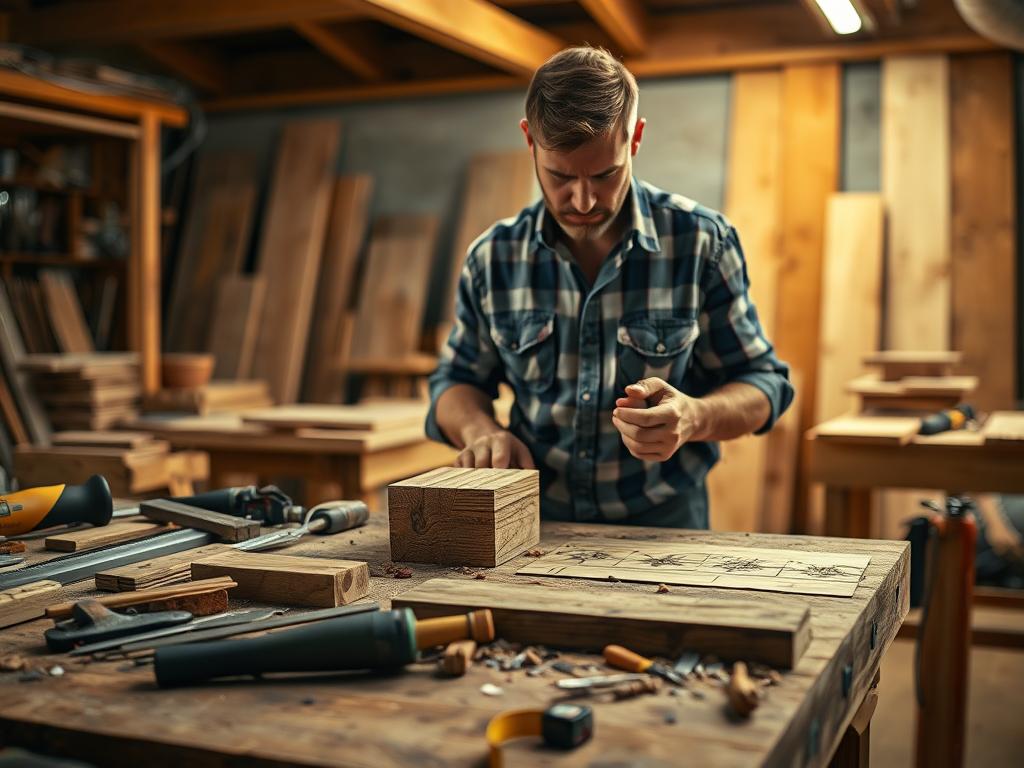 A detailed, photorealistic image showcasing the common mistakes in woodworking. In the foreground, a wooden workbench cluttered with various woodworking tools like chisels, saws, and measuring tapes, highlighting mistakes like rough cuts, chipboard misalignments, and uneven sanding. In the middle ground, a close-up view of a frustrated carpenter, dressed in modest casual work attire, analyzing a flawed wooden joint. In the background, a well-lit workshop environment with wooden planks and projects in various stages of completion. The lighting should be warm and inviting, illustrating a creative yet challenging atmosphere. Shot with a DSLR camera at a slight angle to capture depth and detail, focusing on the imperfections to convey the theme effectively. A detailed, photorealistic image showcasing the common mistakes in woodworking. In the foreground, a wooden workbench cluttered with various woodworking tools like chisels, saws, and measuring tapes, highlighting mistakes like rough cuts, chipboard misalignments, and uneven sanding. In the middle ground, a close-up view of a frustrated carpenter, dressed in modest casual work attire, analyzing a flawed wooden joint. In the background, a well-lit workshop environment with wooden planks and projects in various stages of completion. The lighting should be warm and inviting, illustrating a creative yet challenging atmosphere. Shot with a DSLR camera at a slight angle to capture depth and detail, focusing on the imperfections to convey the theme effectively.