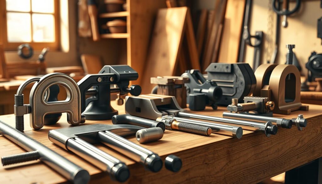 A detailed, photorealistic image showcasing various clamps and fastening tools arranged neatly on a wooden workbench. In the foreground, a set of high-quality C-clamps with shiny metallic finishes is prominently displayed, alongside bar clamps with comfortable rubber grips. In the middle, a variety of woodworking vices are illustrated, highlighting different designs and features, such as quick-release mechanisms. In the background, soft, natural lighting filters through a workshop window, casting gentle shadows that enhance the textures of the tools and the wood grain of the bench. The atmosphere is professional and organized, evoking a sense of craftsmanship and precision, ideal for an industrial or DIY-focused setting.