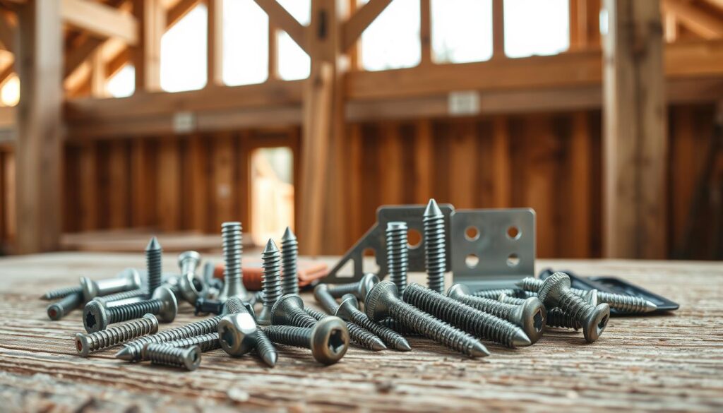 A detailed, photorealistic image showcasing various connection elements used in timber construction, prominently featuring screws, dowels, and metal connectors. In the foreground, focus on an assortment of screws and dowels arranged artistically on a textured wooden surface, displaying their details and craftsmanship. The middle layer should include metal connectors like brackets and plates, demonstrating their practical applications in a structure. In the background, a partially blurred wooden framework of a timber structure enhances the context. The scene is well-lit with soft, natural light coming from the side, emphasizing the textures of wood and metal. Shot with a DSLR camera from a slightly elevated angle, the overall mood should be professional, informative, and inviting for an educational article.
