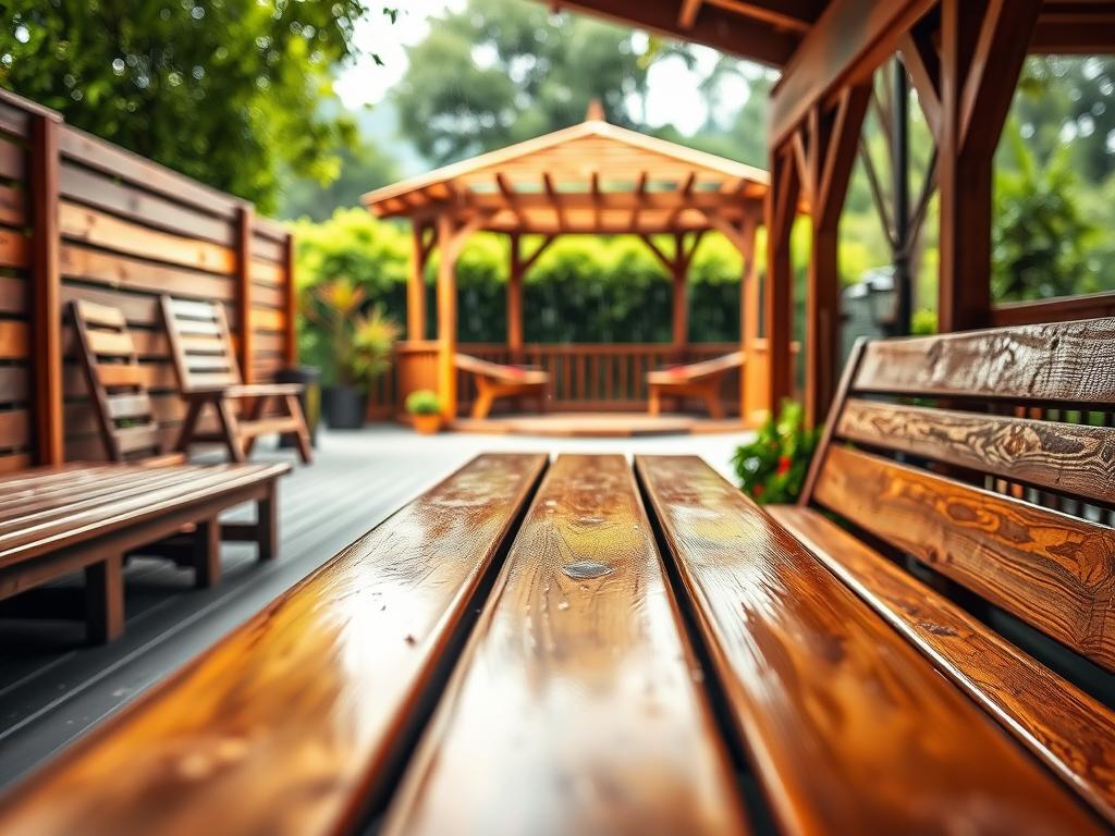 A detailed photorealistic image showcasing various wooden outdoor products, including a deck, furniture, and garden structures, all demonstrating protective weatherproof coatings. In the foreground, focus on a wooden bench and table, glistening with a fresh layer of water-repellent sealant. In the middle, display a wooden gazebo under a light drizzle, emphasizing the importance of protection against rain. The background features lush greenery and softly blurred trees, creating a serene outdoor setting. Capture the scene with soft, diffused natural light to highlight the textures of the wood and coatings, shot from a low angle to create depth. The atmosphere conveys a sense of tranquility and harmony with nature, illustrating the need for wood protection in outdoor environments. A detailed photorealistic image showcasing various wooden outdoor products, including a deck, furniture, and garden structures, all demonstrating protective weatherproof coatings. In the foreground, focus on a wooden bench and table, glistening with a fresh layer of water-repellent sealant. In the middle, display a wooden gazebo under a light drizzle, emphasizing the importance of protection against rain. The background features lush greenery and softly blurred trees, creating a serene outdoor setting. Capture the scene with soft, diffused natural light to highlight the textures of the wood and coatings, shot from a low angle to create depth. The atmosphere conveys a sense of tranquility and harmony with nature, illustrating the need for wood protection in outdoor environments.