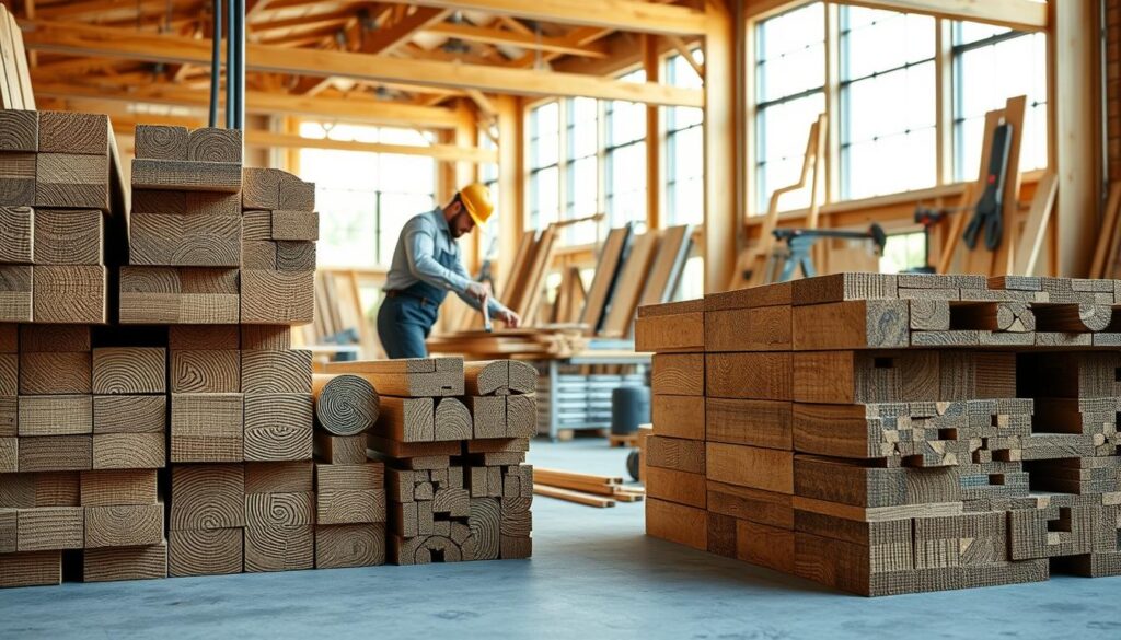 A detailed photorealistic representation of Brettschichtholz (BSH) timber in a modern, bright workshop environment. In the foreground, stacks of laminated wooden beams are neatly organized, showcasing their cross-section and intricate grain patterns. The middle ground features a carpenter carefully measuring and cutting a piece of BSH, dressed in professional work attire. The background offers a glimpse of tools and wooden structures under construction, illuminated by natural light streaming in through large windows, creating a warm and inviting atmosphere. The composition is shot with a DSLR camera from a slightly elevated angle, highlighting the details of the timber and the craftsmanship involved, emphasizing the innovative nature of BSH in construction. A detailed photorealistic representation of Brettschichtholz (BSH) timber in a modern, bright workshop environment. In the foreground, stacks of laminated wooden beams are neatly organized, showcasing their cross-section and intricate grain patterns. The middle ground features a carpenter carefully measuring and cutting a piece of BSH, dressed in professional work attire. The background offers a glimpse of tools and wooden structures under construction, illuminated by natural light streaming in through large windows, creating a warm and inviting atmosphere. The composition is shot with a DSLR camera from a slightly elevated angle, highlighting the details of the timber and the craftsmanship involved, emphasizing the innovative nature of BSH in construction.