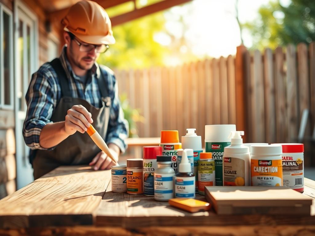 A detailed, photorealistic view of wood protection techniques for both interior and exterior applications. In the foreground, showcase a person applying protective varnish to a wooden surface, dressed in professional work attire, focusing intently on their task. In the middle, display a variety of wood protection products, such as stains, sealants, and paints, arranged aesthetically on a workbench. The background features a sunlit outdoor scene with wooden elements like a deck and fence, emphasizing the importance of exterior wood protection. Use soft natural lighting to create a warm atmosphere, with a depth of field that draws attention to the foreground while keeping the background slightly blurred. Capture the essence of craftsmanship and care in wood protection practices, reflecting diligence and professionalism. A detailed, photorealistic view of wood protection techniques for both interior and exterior applications. In the foreground, showcase a person applying protective varnish to a wooden surface, dressed in professional work attire, focusing intently on their task. In the middle, display a variety of wood protection products, such as stains, sealants, and paints, arranged aesthetically on a workbench. The background features a sunlit outdoor scene with wooden elements like a deck and fence, emphasizing the importance of exterior wood protection. Use soft natural lighting to create a warm atmosphere, with a depth of field that draws attention to the foreground while keeping the background slightly blurred. Capture the essence of craftsmanship and care in wood protection practices, reflecting diligence and professionalism.