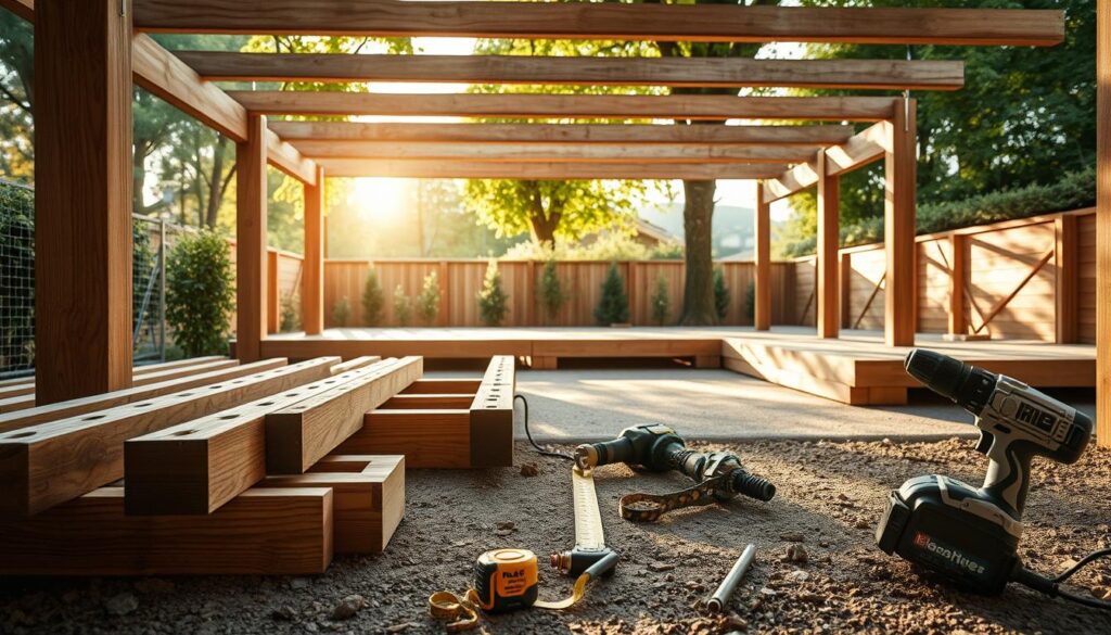 A detailed, photorealistic visualization of a well-planned terrace substructure (Terrassenunterkonstruktion), showcasing various materials and assembly processes. In the foreground, sturdy wooden beams and metal brackets are being arranged artistically, highlighting different construction methodologies. In the middle ground, construction tools like a level, measuring tape, and power drill lay on the ground, indicating an active building site. The background features a partially constructed wooden terrace with a lush garden, bathed in soft, natural sunlight filtering through trees, creating an inviting atmosphere. The scene is shot with a DSLR camera from a low angle to emphasize the depth and detail of the construction materials. The overall mood conveys professionalism and diligence in landscape architecture and construction planning.