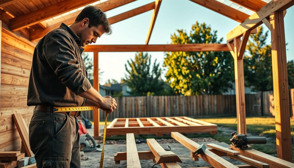 A detailed scene of a wooden carport being constructed in a residential backyard. In the foreground, a skilled craftsman in modest casual clothing is measuring wooden beams with a tape measure, focusing on precision. The middle ground showcases the partially assembled carport, displaying various types of wood such as cedar and pine, with tools like a circular saw and hammer nearby. The background features a suburban setting with green trees and a clear blue sky, enhancing the serene atmosphere. The lighting is warm and natural, capturing the golden hour glow, with soft shadows enhancing the textures of the wood. Photorealistic perspective, shot with a DSLR camera for a magazine.
